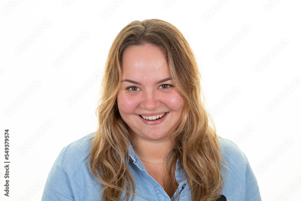Plus size girl blonde model in casual clothes blue fat woman on white background Plus size girl blonde model in casual clothes blue fat woman on white background