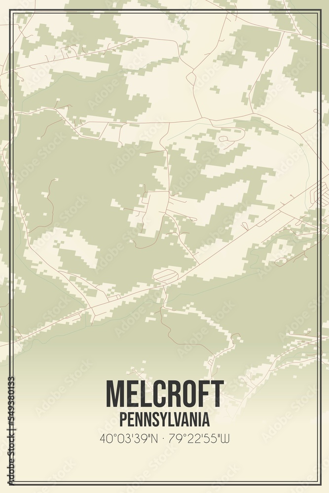 Retro US city map of Melcroft, Pennsylvania. Vintage street map.