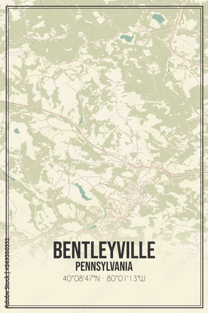 Retro US city map of Bentleyville, Pennsylvania. Vintage street map.