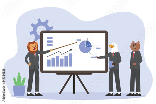 Business animals meeting together talking about financial graph