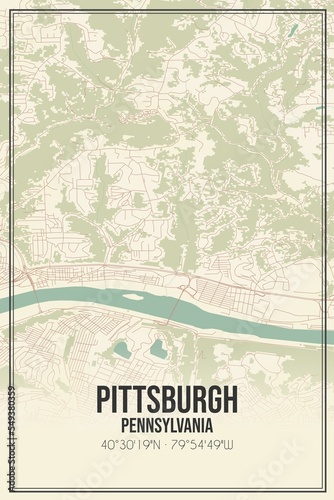 Retro US city map of Pittsburgh, Pennsylvania. Vintage street map.