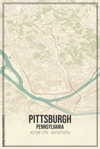 Retro US city map of Pittsburgh, Pennsylvania. Vintage street map.