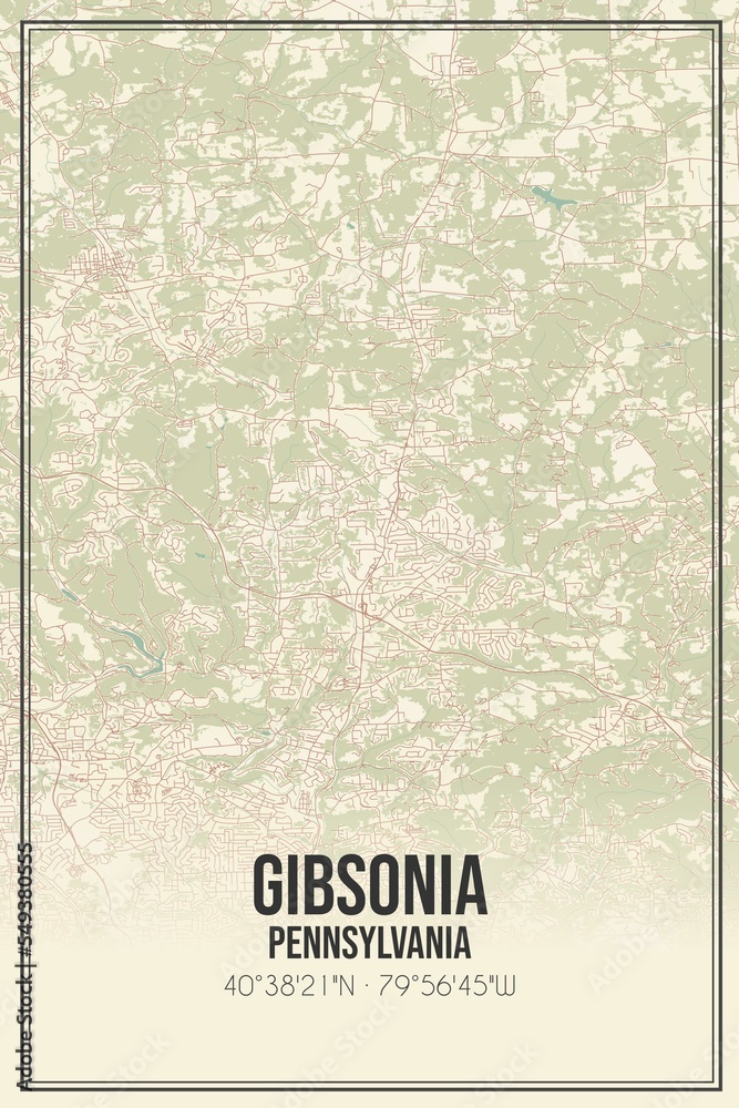 Retro US city map of Gibsonia, Pennsylvania. Vintage street map.
