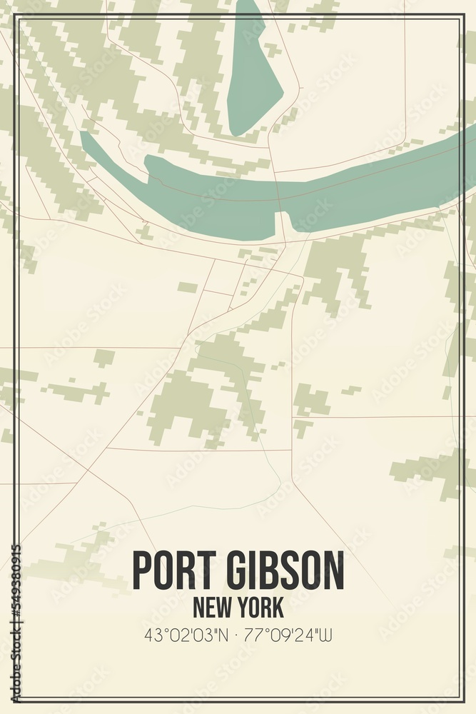 Retro US city map of Port Gibson, New York. Vintage street map.