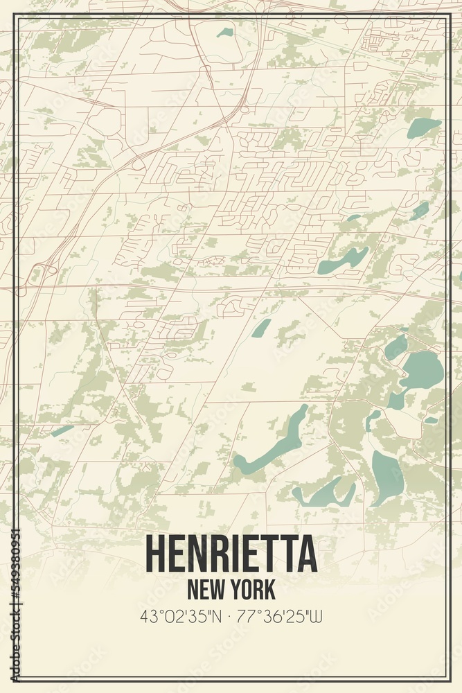 Retro US city map of Henrietta, New York. Vintage street map.