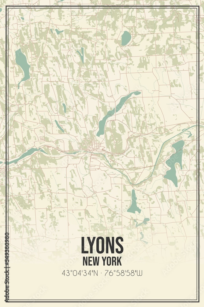 Retro US city map of Lyons, New York. Vintage street map.