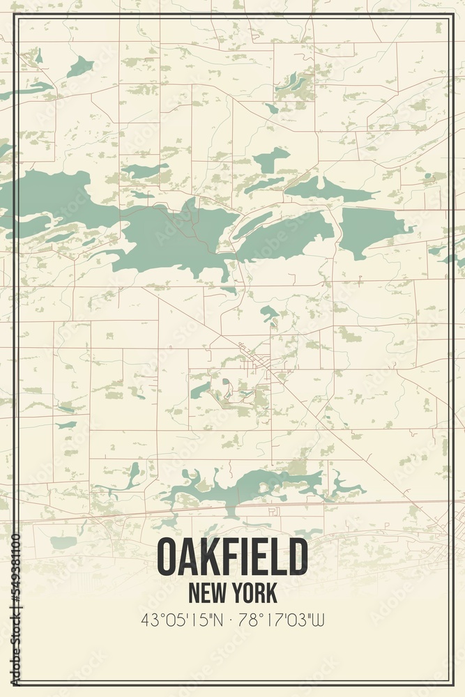 Retro US city map of Oakfield, New York. Vintage street map.
