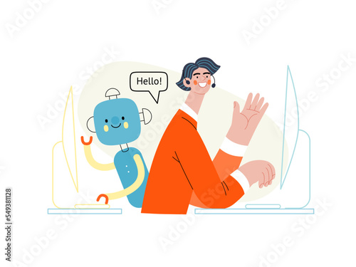 Customer support -Online shopping and electronic commerce series -modern flat vector concept illustration of an operator and bot greeting a client. Promotion, discounts, sale and online orders concept