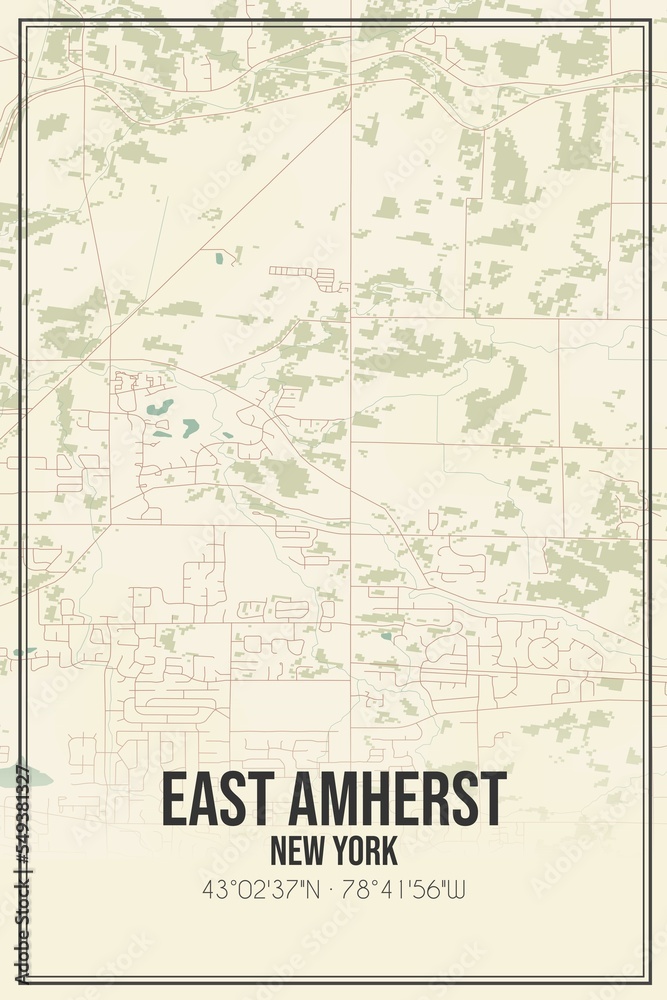 Retro US city map of East Amherst, New York. Vintage street map.