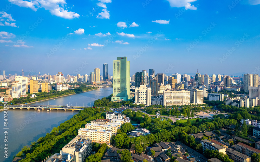 Obraz premium Urban Environment of Yuyao River Section at Sanjiangkou, Ningbo, Zhejiang Province, China