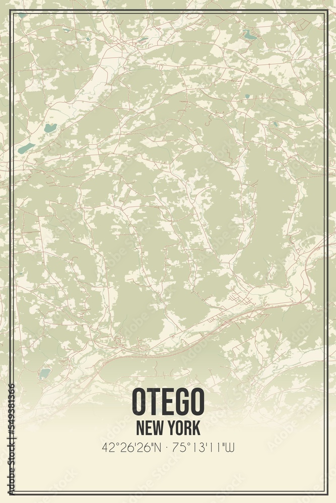 Retro US city map of Otego, New York. Vintage street map.