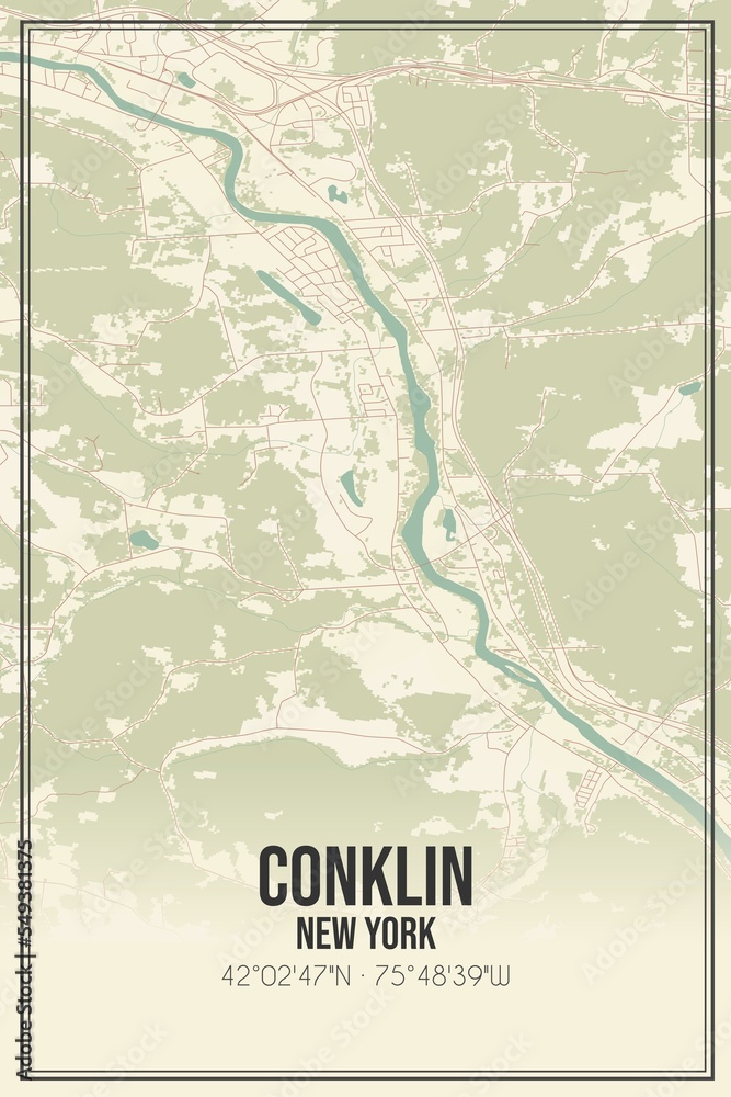Retro US city map of Conklin, New York. Vintage street map.