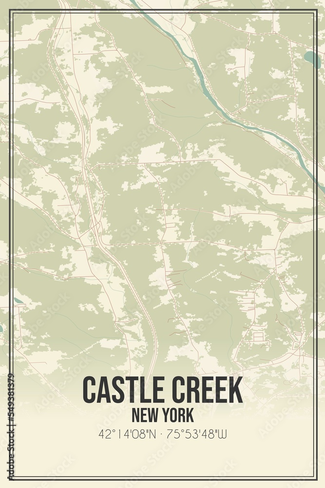 Retro US city map of Castle Creek, New York. Vintage street map.