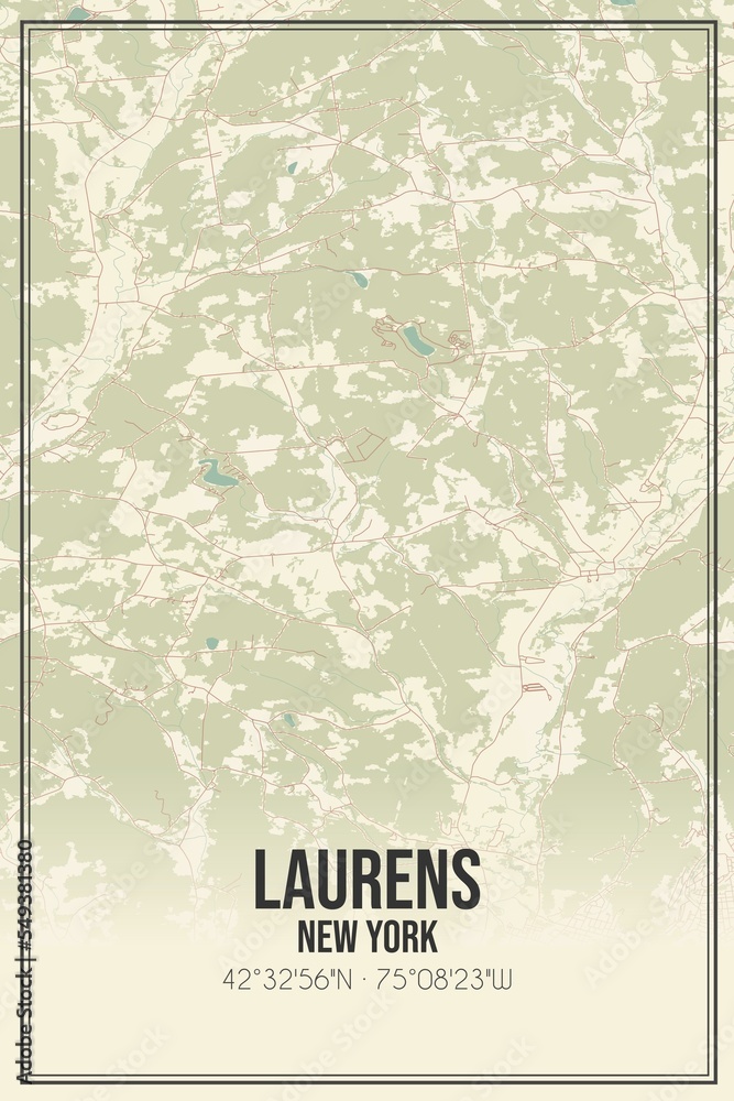 Retro US city map of Laurens, New York. Vintage street map.
