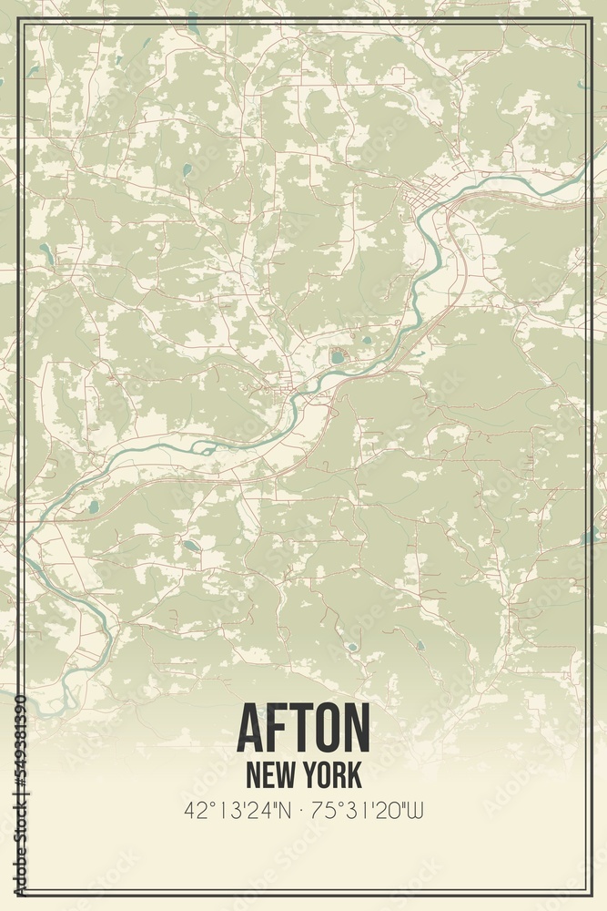 Retro US city map of Afton, New York. Vintage street map.