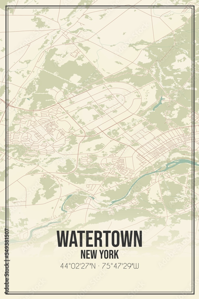 Retro US city map of Watertown, New York. Vintage street map.