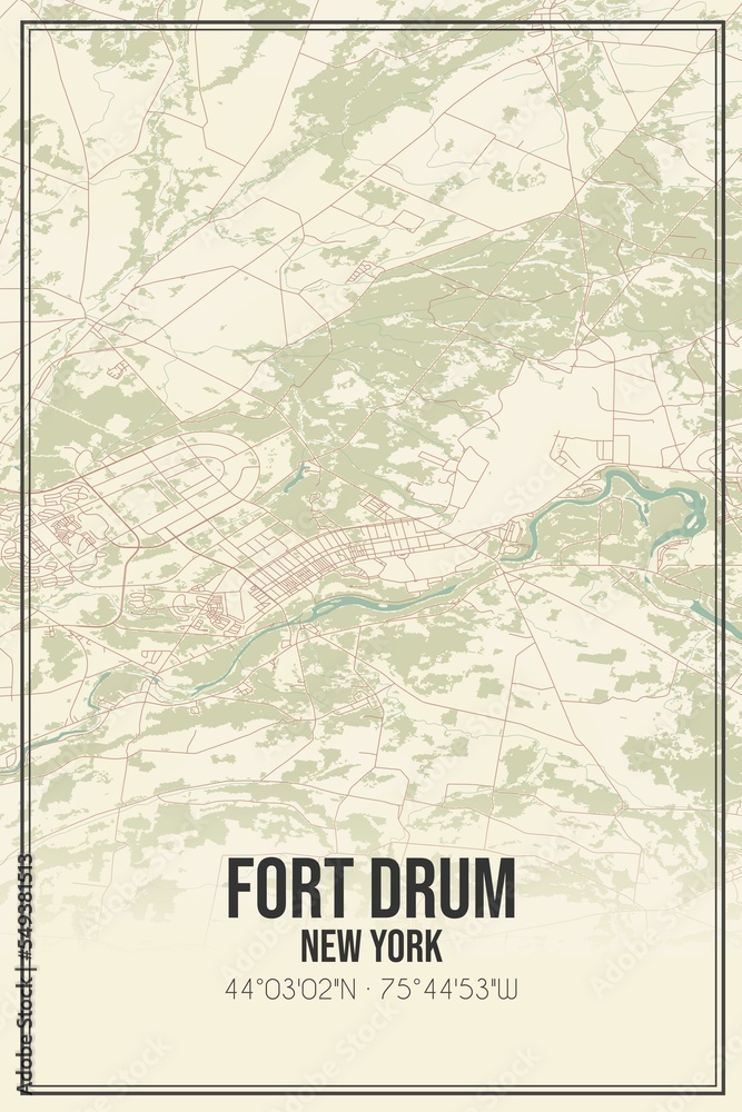 Retro US city map of Fort Drum, New York. Vintage street map.