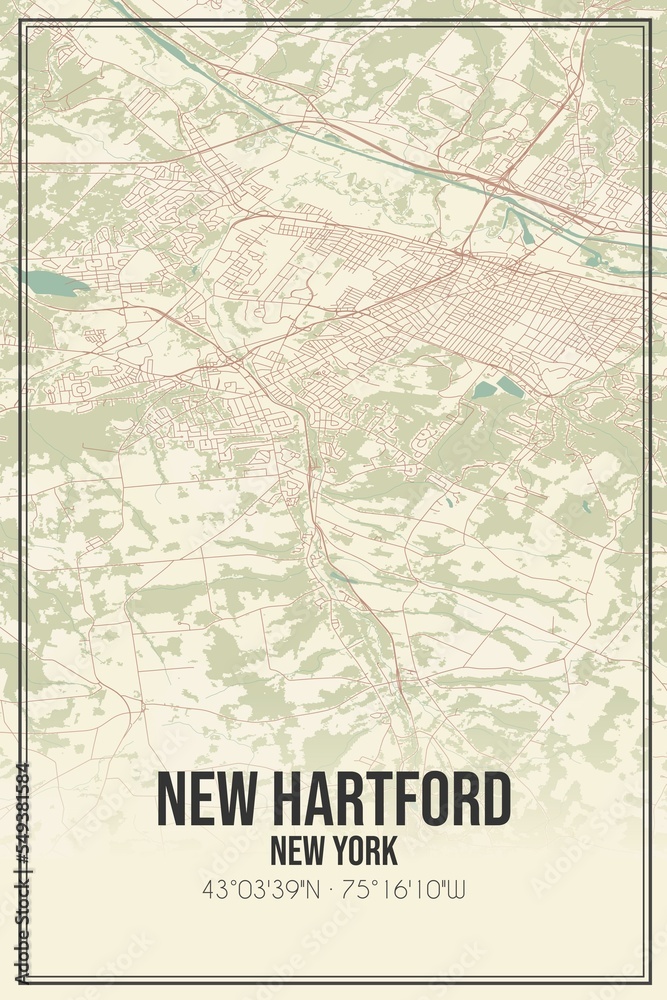 Retro US city map of New Hartford, New York. Vintage street map.