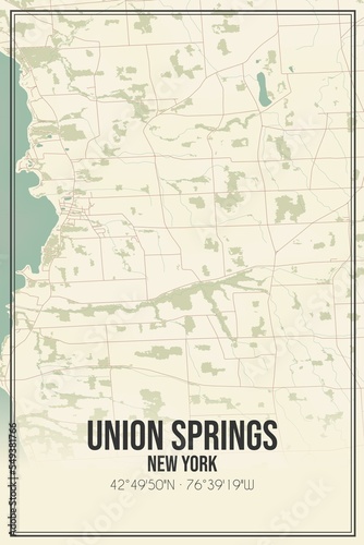 Retro US city map of Union Springs, New York. Vintage street map.