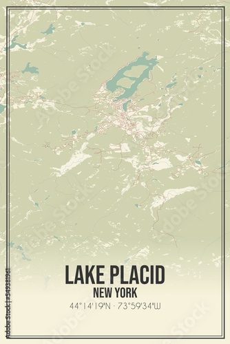 Retro US city map of Lake Placid, New York. Vintage street map.