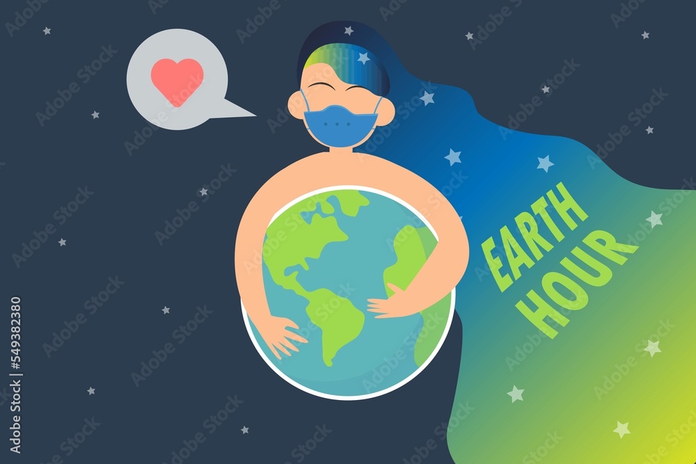 Illustration woman hugging world for earth hour Illustration woman hugging world for earth hour