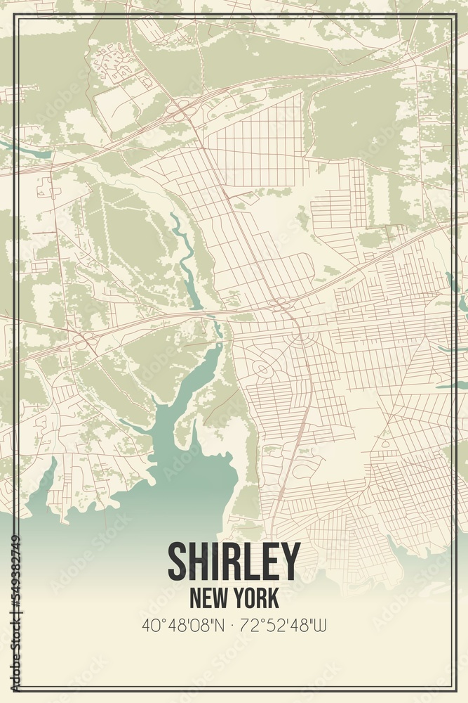 Retro US city map of Shirley, New York. Vintage street map.