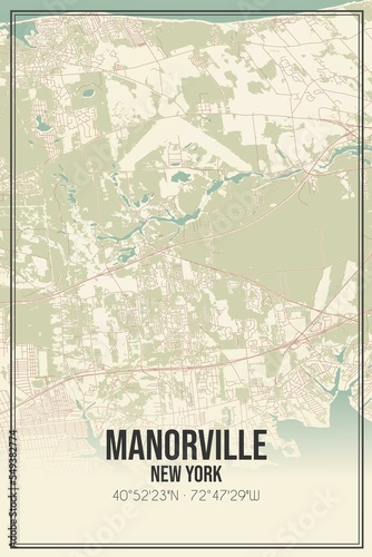 Retro US city map of Manorville, New York. Vintage street map. photo