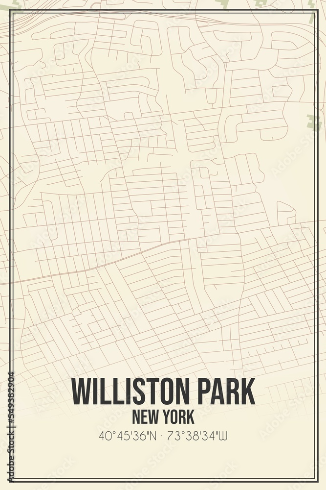 Retro US city map of Williston Park, New York. Vintage street map.