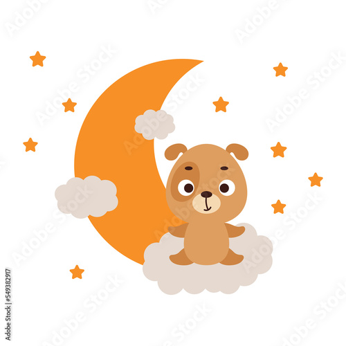 Cute little dog sitting on cloud. Cartoon animal character for kids t-shirt, nursery decoration, baby shower, greeting cards, invitations, house interior. Vector stock illustration