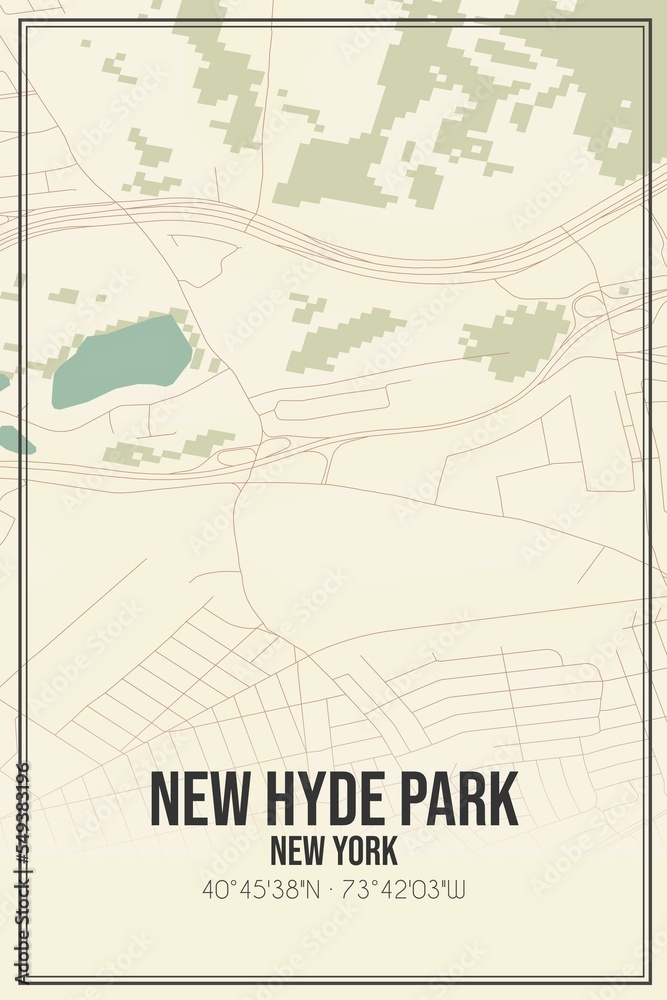 Retro US city map of New Hyde Park, New York. Vintage street map.