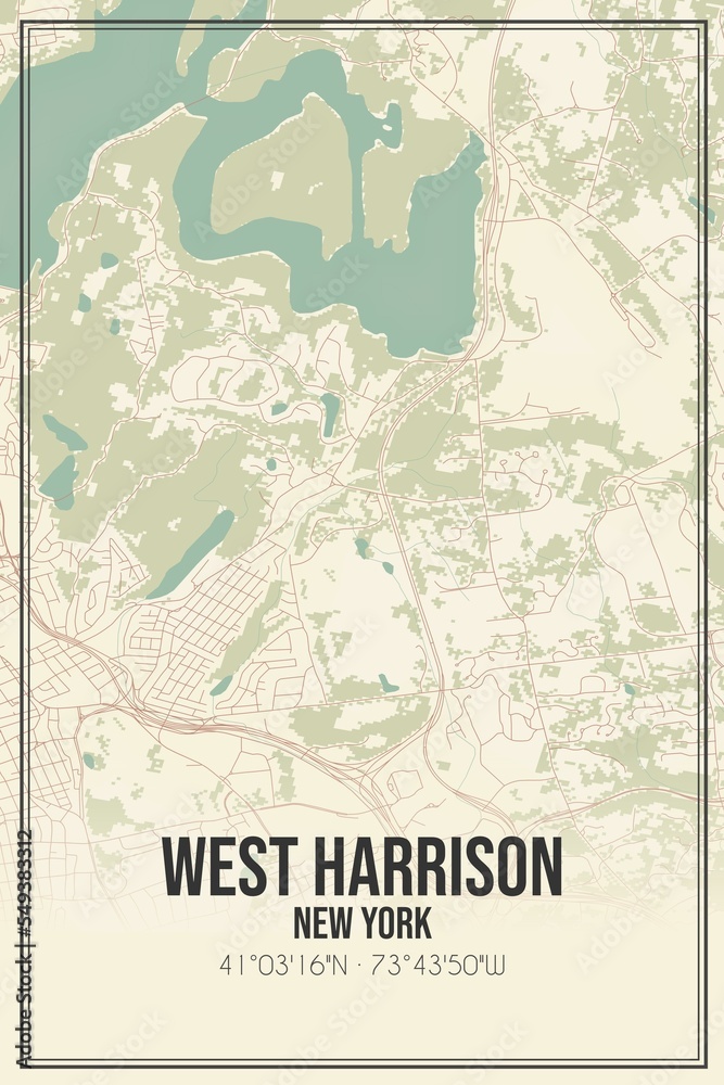Retro US city map of West Harrison, New York. Vintage street map.