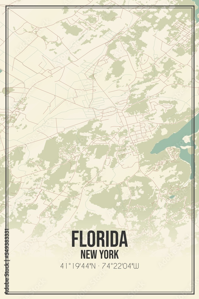 Retro US city map of Florida, New York. Vintage street map.