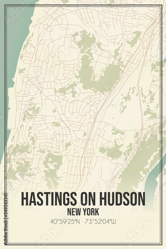 Retro US city map of Hastings On Hudson  New York. Vintage street map.