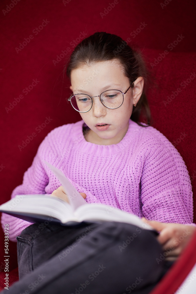 Kid Reading Book, Child, Adolescent Girl Learning in School Library, Teenager Schoolgirl Studying in Classroom, Children Education Kid Reading Book, Child, Adolescent Girl Learning in School Library, Teenager Schoolgirl Studying in Classroom, Children Education
