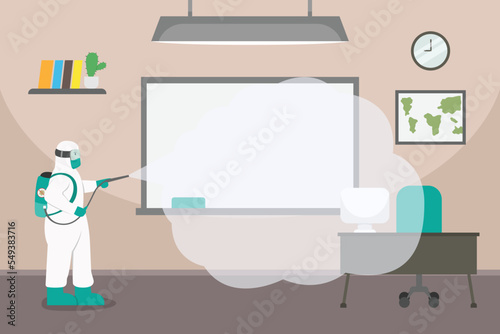 Man wearing a protective suit sprays the classroom