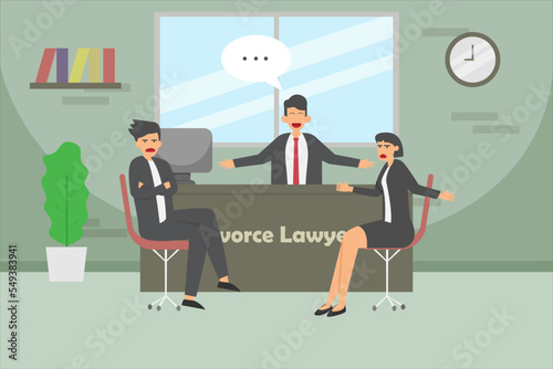 Married couple quarreling in lawyer office. Divorce lawyer illustration concept