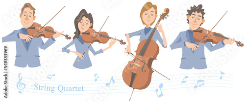 String quartet performing on isolated white background. First violin, second violin, cello, viola. Vector illustration in flat cartoon style. photo