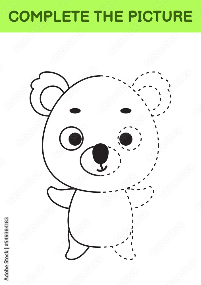 Fototapeta premium Complete drawn picture of cute koala. Coloring book. Dot copy game. Handwriting practice, drawing skills training. Education developing printable worksheet. Activity page. Vector illustration