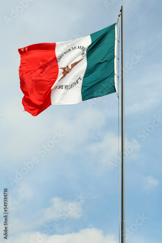 Mexico flag fluttering against blue sky on sunny day