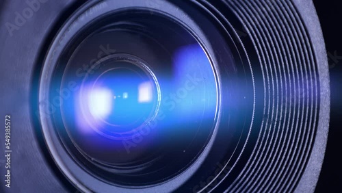 Close up of Camera Lens with Flare on Optical Glass. Process of Zooming Camera Lens