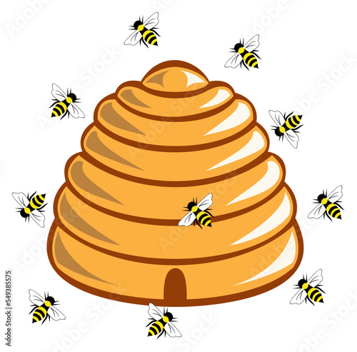 Bienenstock mit fliegenden Bienen als Vektor. Weißer Hintergrund.