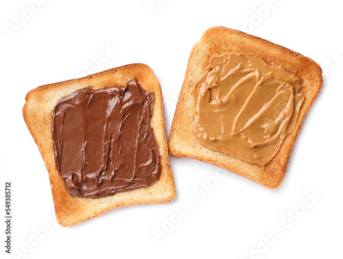 Tasty toasts with nut butter and chocolate paste on white background, top view