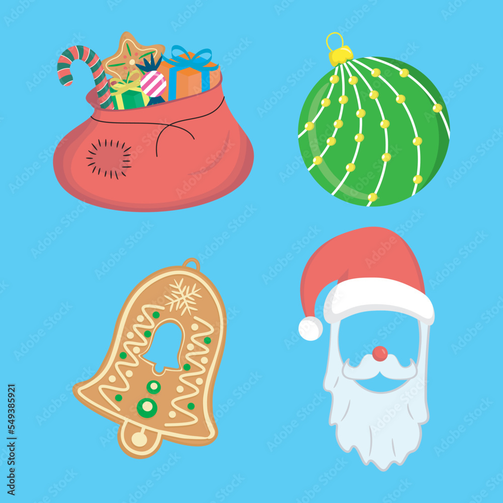 christmas set of vector elements includes santas bag, glass ball, cookie bell and santas mask with hat