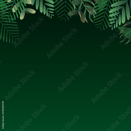 Green tropical leaves square frame on dark green gradient background. Vector invitation cards with herbal twigs branches frames. Summer party banner vector illustration. Tropical frame concept.