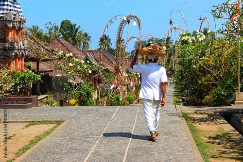 Asian man holding a basket of fruits on his head, walking in a green garden in Penglipuran Village photo