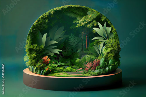 Fototapeta Naklejka Na Ścianę i Meble -  diorama of a beautiful green lush jungle forest, trees, ferns, rich foliage