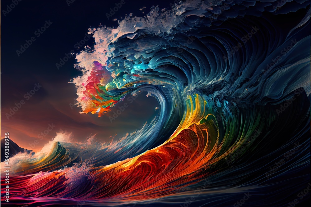 waves of inner spectrum, a volcano erupting at night, illustration with atmosphere light waves of inner spectrum, a volcano erupting at night, illustration with atmosphere light