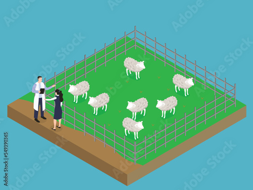 Businesswoman and veterinarian talking at farm