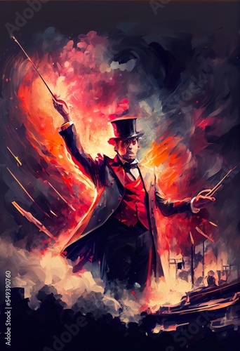 the mad conductor directing symphony, a person in a garment, illustration with fire art