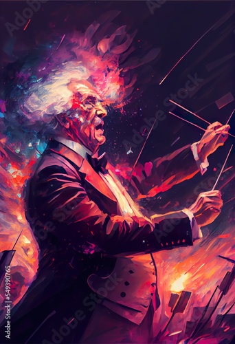 the mad conductor directing symphony, background pattern, illustration with musician guitar